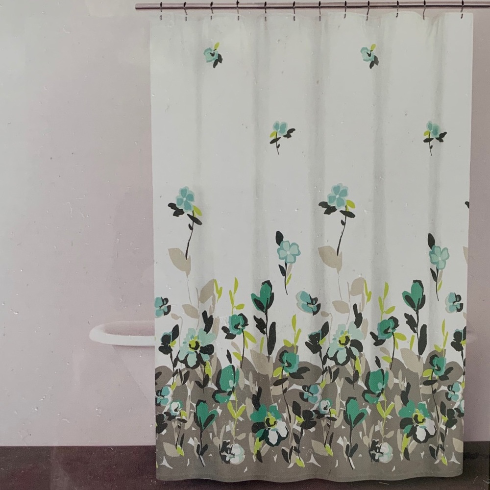DKNY WATERCOLOR FIELDS Teal Floral Shower Curtain